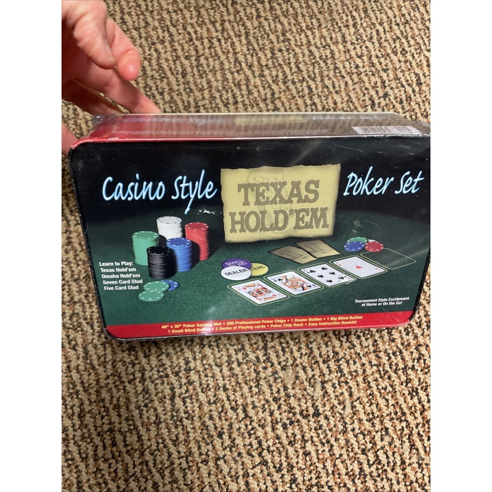Casino Style Texas Hold'em Poker Set 200 Chips Mat Tin GM-7320 New Sealed